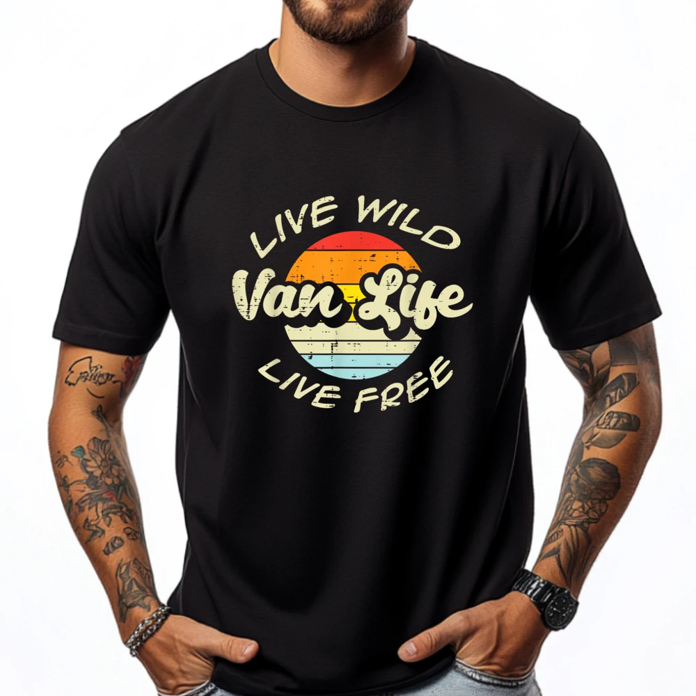 

Live Wild Free Van Life Retro Camping Rv Camper Graphic T Shirts 100% Cotton Spring T Shirt Men Loose