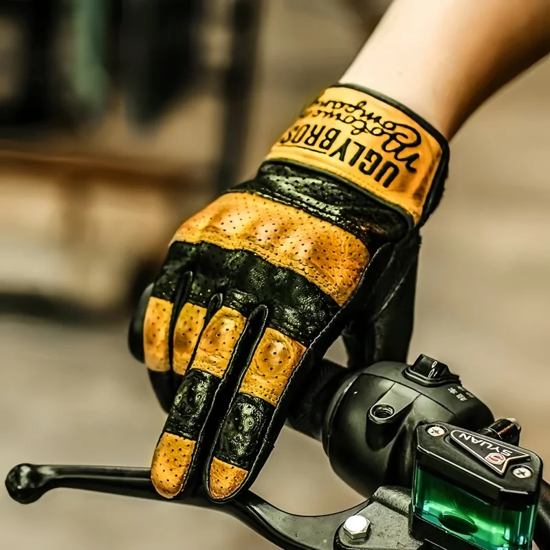 Uglybros Unisex  Genuine Leather Motorcycle Gloves Retro Moto Riding Glove Touch Screen Compatible 2 Colors Size: S-3XL
