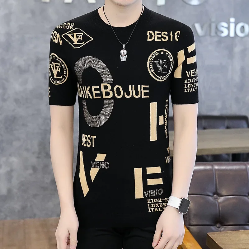 2024 Summer Thin Men\'s Short-sleeved Round Neck Slim Knit T-shirt