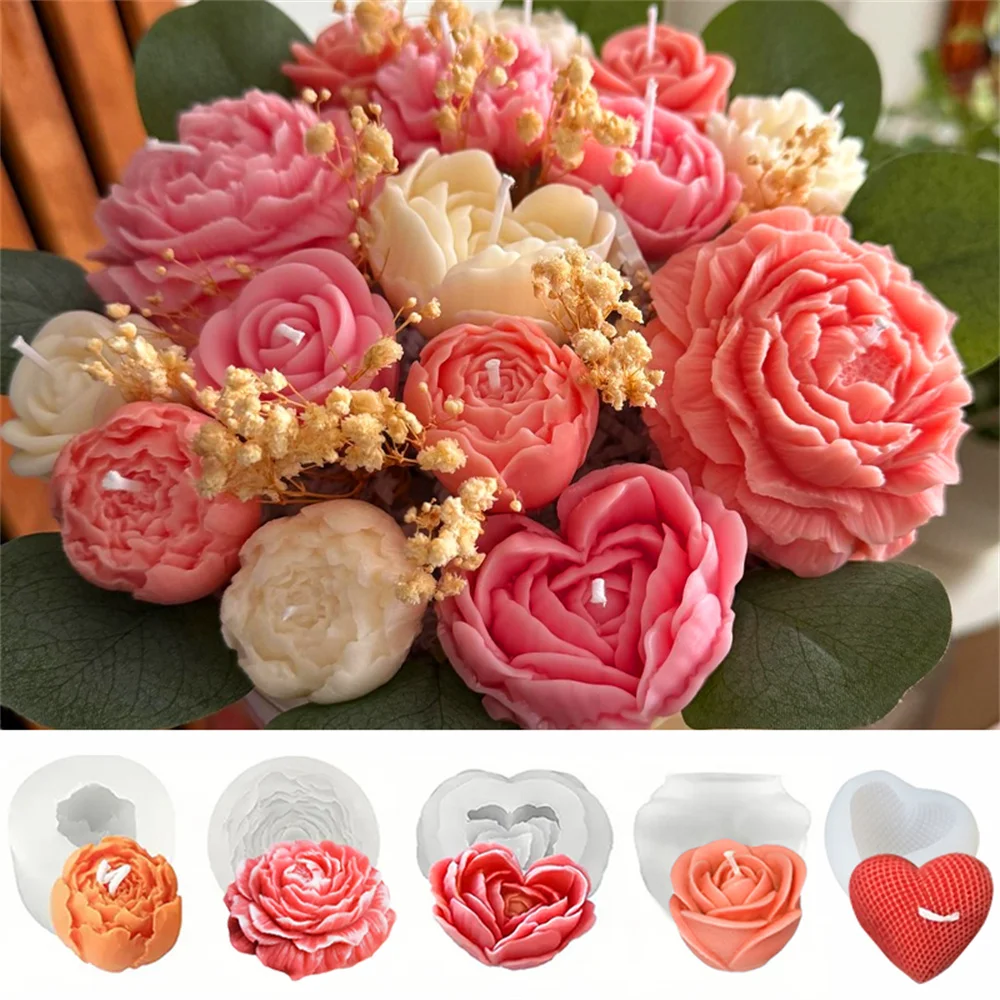 5PCS Floral Silicone Mold Set 3D Peony Rose Heart Flower Mold for Scented Candles Clay Gypsum DIY Bouquet Valentine's Day Decor