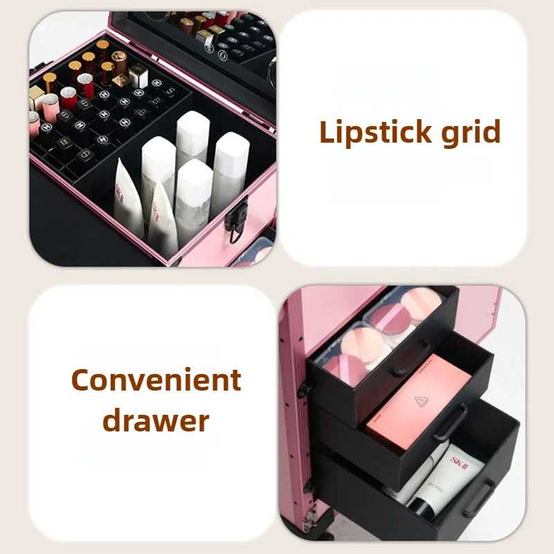 Custodia per trucco pieghevole con rotelle Tavolo per trucco mobile Specchio a LED Cassetti Bluetooth Scatola per cosmetici Custodia professionale per organizer
