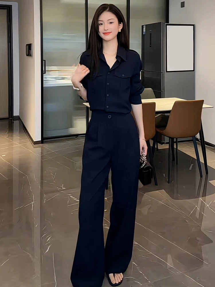 

Versatile Two-Piece Set Turn-down Collar Conceal Meat oulder Casual Pants Spring Autumn New Sle Women's Faion Set