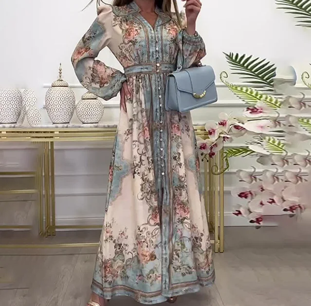 

Women's Dress 2025 Summer Latest Elegant Casual Style V-Neck Long Sleeve Printed Retro Palace Style Grand Swing Spring Dress