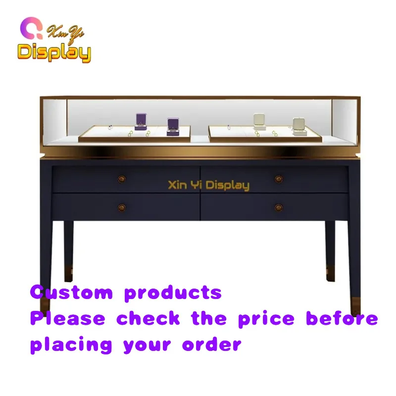 custom.Luxury Navy Blue Jewelry Display Counter with Trim and Glass High-end Boutique Showcase