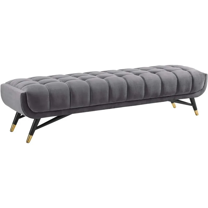 Adept Mid-Century Modern Velvet Upholstered Tufted Accent Bench in Gray