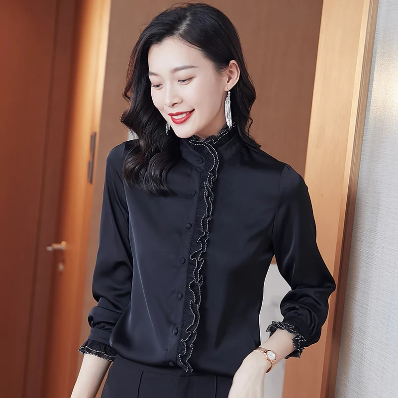 Camisa de manga larga para mujer, cuello de pie versátil, borde de oreja de madera, Top de moda y elegante, primavera y otoño, nuevo