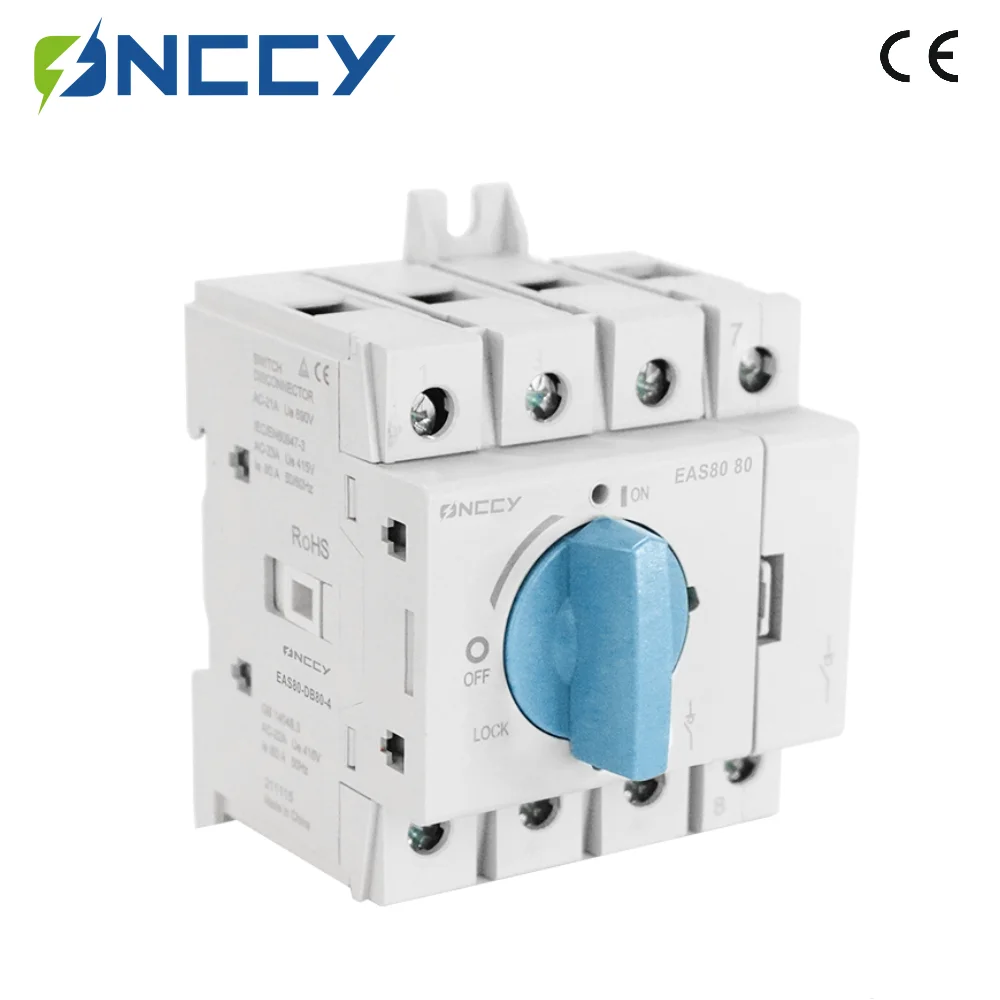 

ONCCY EAS80 AC Isolation Switch，800VAC 2P 3P 4P Isolator Switch 63A 80A 100A Din Rail Mounting Disconnector Switches