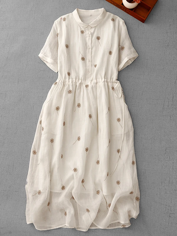 E Vestido Corto de Lino Bordado con Manga Corta, Cintura Ajustada, Cuello de Muñeca, Falda Larga para Mujer, Estilo Vi...