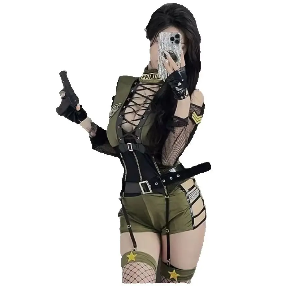 

Wholesale Women's Sexy Roleplay Police Uniform Adult Lady Stylish Hollow Out Cosplay Army Costumes Halloween Party Cos Bodysuit