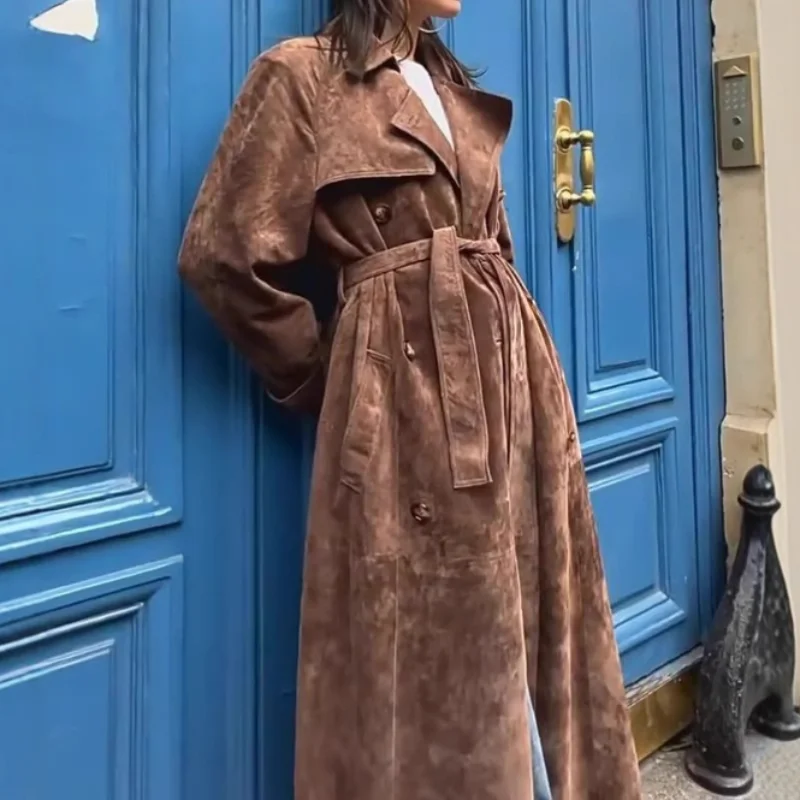 

Vintage Stylish Long Coat Loose Lapel Belted Women's Overcoat Trendy Fashionable Autumn Office Lady Outerwears Edgy Streetwear