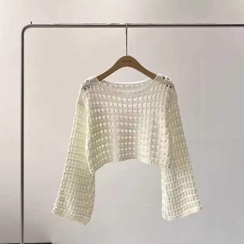 

2025 Spring and Summer New French Short Long-sleeved Top Hollow Knitted Sweater Women Thin Sunscreen Pullover Blouse Top