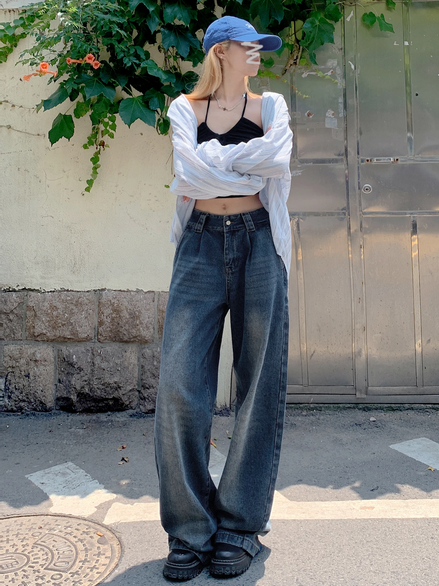 

Широкие брюки с высокой талией в американском стиле High Street в стиле ретро, свободные джинсы длиной до пола, женские маленькие дизайнерские брюки осень-зима