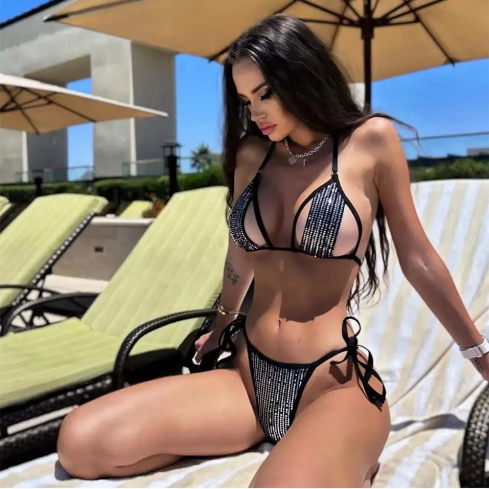 2024 Shiny Sequins Halter Cut Out Strappy Bikini Female Swimsuit Women Swimwear Two-pieces Bikini set Bather Bathing Suit Swim