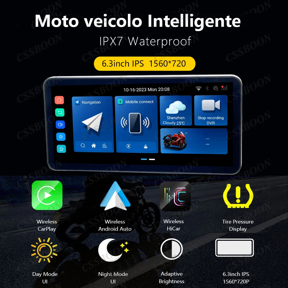 6.3inch Wireless IPS Motorcycle Screen Waterproof IPX7 Support Carplay Android Auto Bike Navigation TPMS Monitor