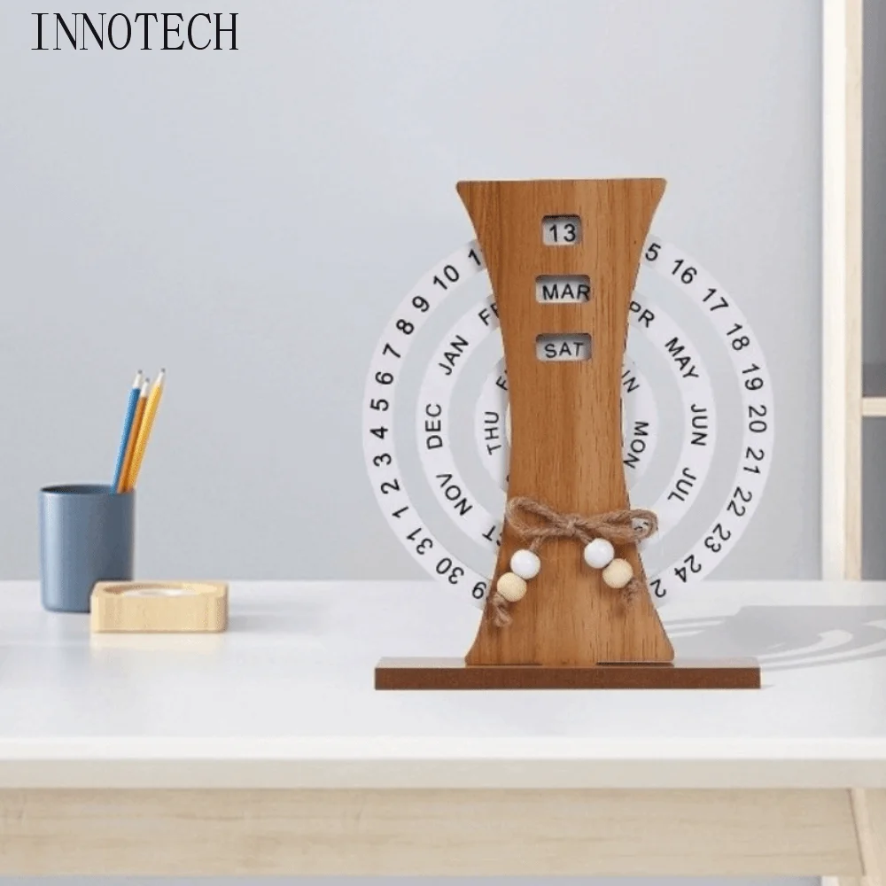 

Aesthetic Wooden Perpetual Calendar Reusable Ferris Wheel Manual Rotating Desk Calendar Moon Home Decoration