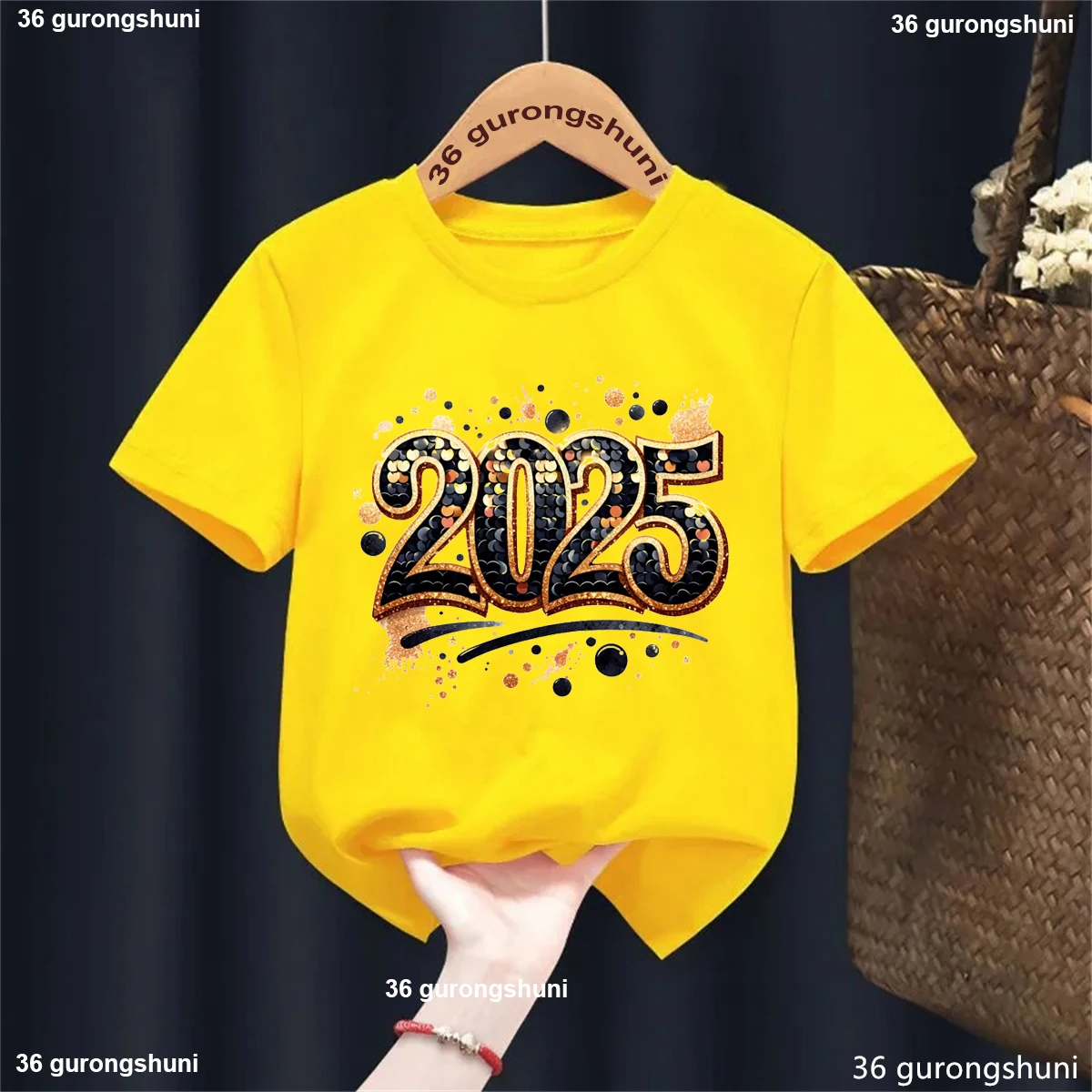 

Kawaii Kids Clothes Golden Hello 2025 Happy New Year Graphic Printed Tshirt Girls/Boys Summer Short Sleeve T-Shirt Solid T Shirt