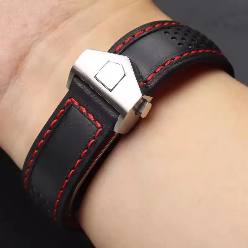 Rindsleder-Uhrenarmband, 22 mm, Armband für Tag Heuer Carrera Diving Monaco F1 Fiyta Tissot Uhrenarmband, rote Nähte, Lederarmband