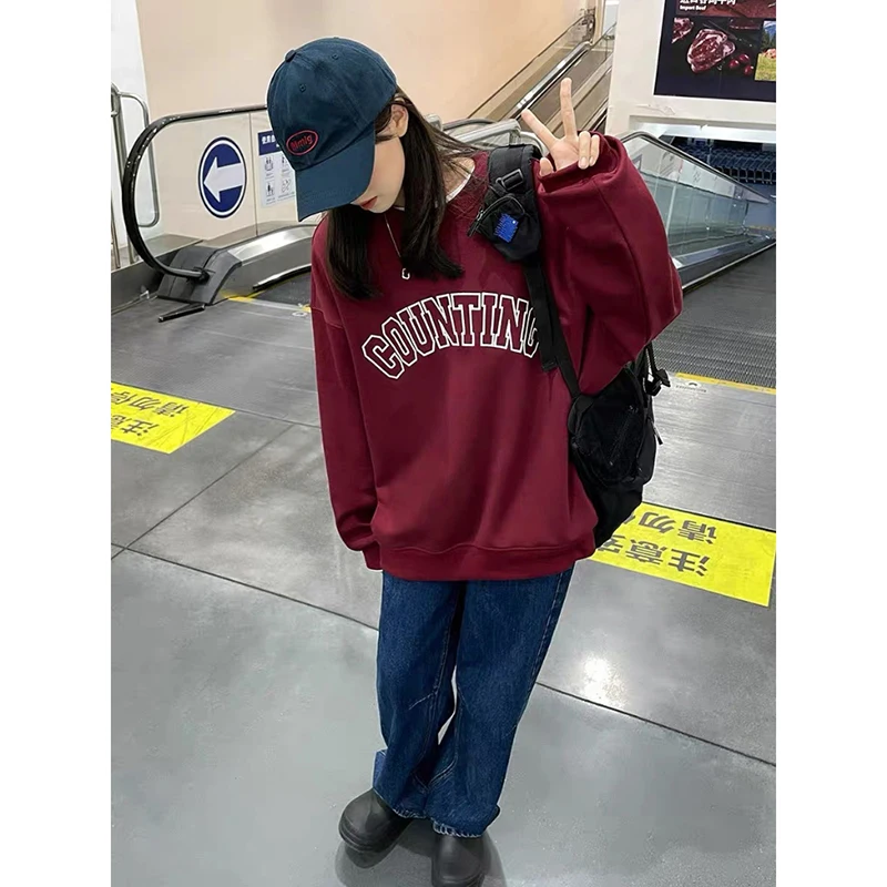 Autumn Fashion Letter Hoodie Women Round Neck Long Sleeve Casual Loose Sweatshirt