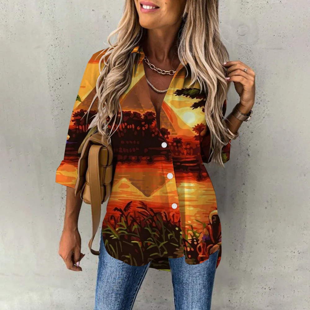 Camicie hawaiane da donna estive Hawaii Beach Print Fashion Resort Clothes colletto a Polo camicetta a maniche lunghe top primavera taglie forti