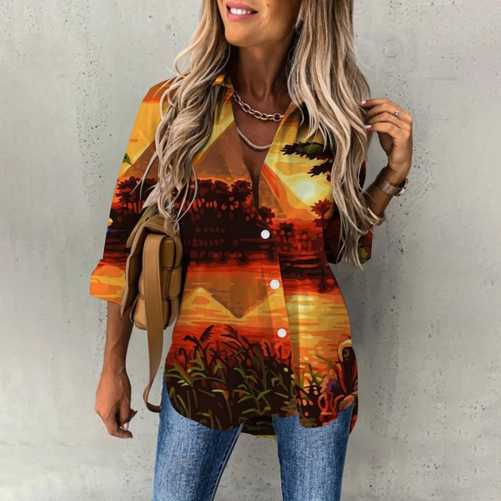 Summer Women\'s Hawaiian Shirts Hawaii Beach Print Fashion Resort Clothes Polo Collar Long Sleeve Blouse Tops Spring Plus Sizes