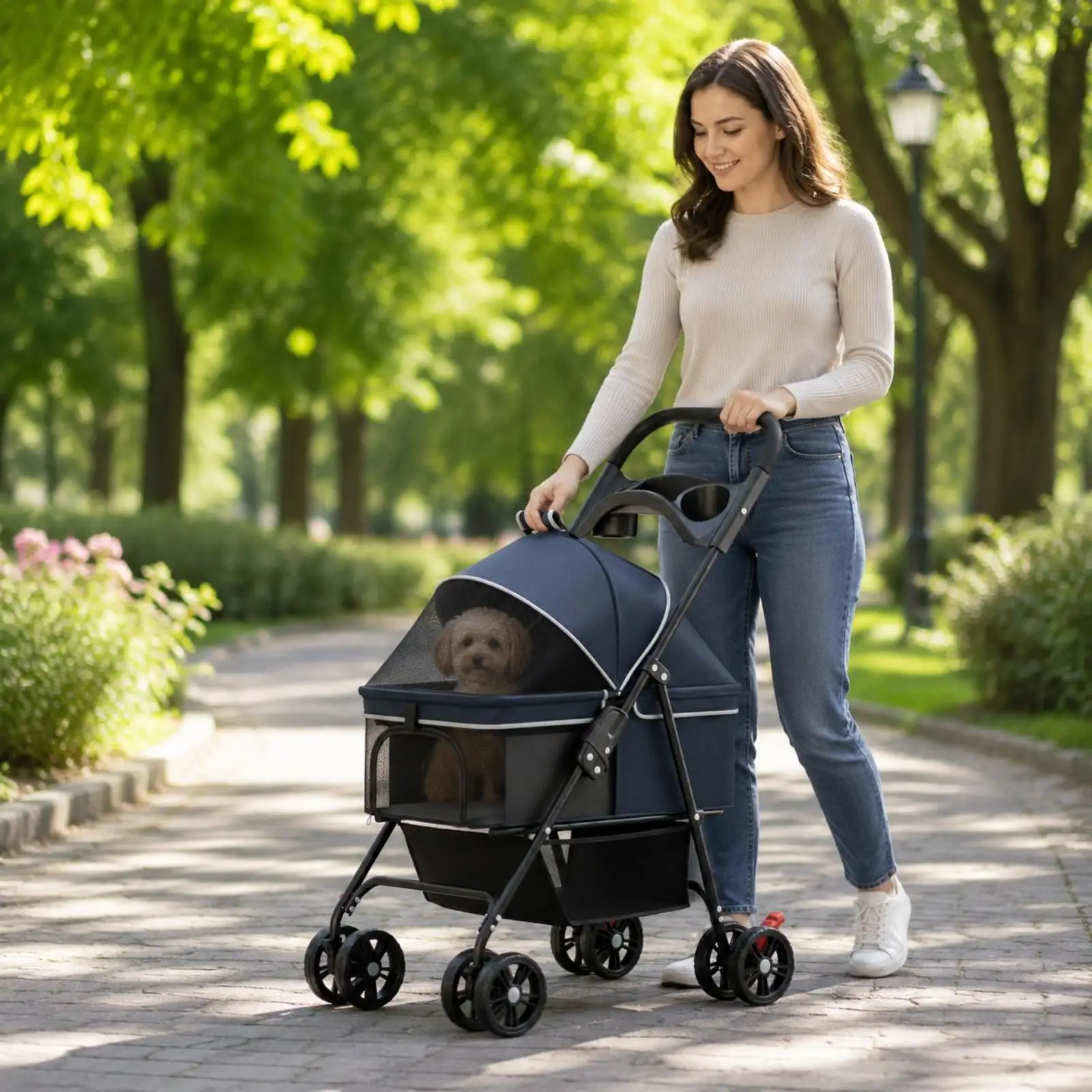 Pet Carrier on Wheels Portable Transport Cart for Dog Cat Foldable Travel Stroller Lightweight Carbon Steel Frame Easy Push