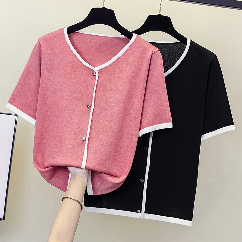 

Summer Women Stripe color Thin Oversized Sweater T-shirt V-Neck Casual Short sleeve Tops Female Knitted Pullover Women Clothing