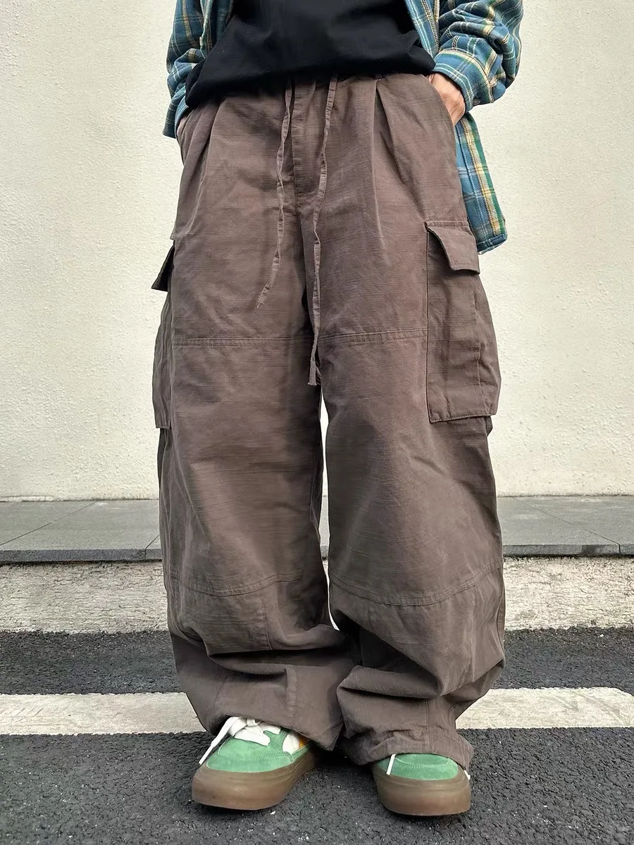 

Японские свободные широкие брюки в стиле ретро, мужские повседневные свободные брюки для спецодежды с манжетами Lazy Sensation с несколькими кетами