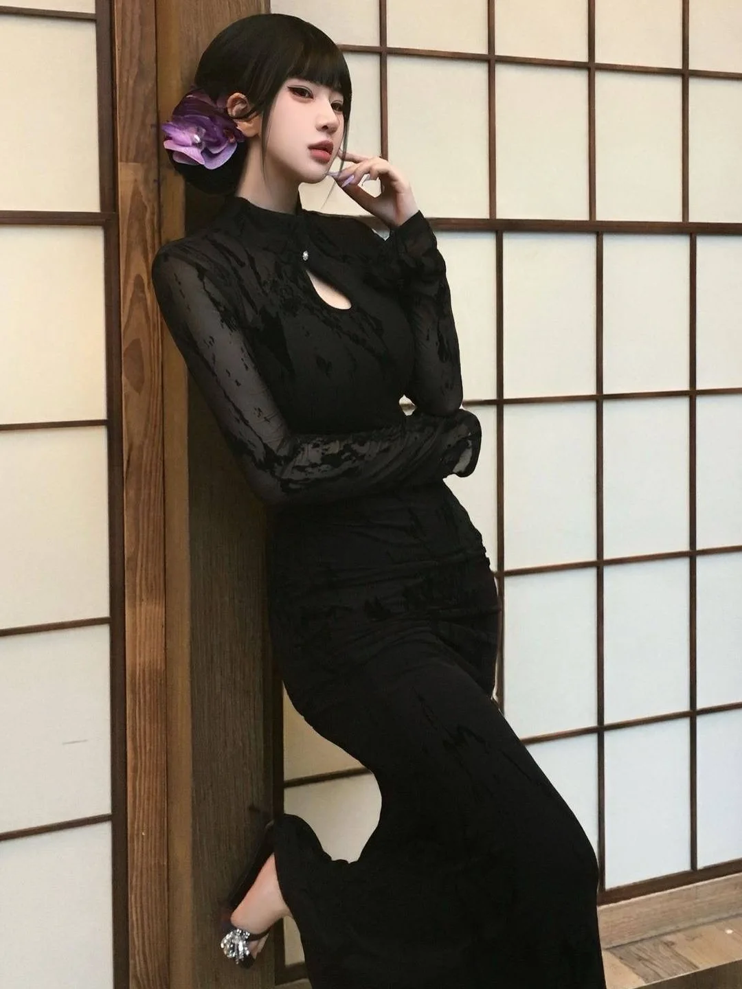 Elegant Black Improved  Women's Long Sleeve Waist Cinched Split Long Dress Chinese Style Sexy Spicy Girl Bodycon Skirt