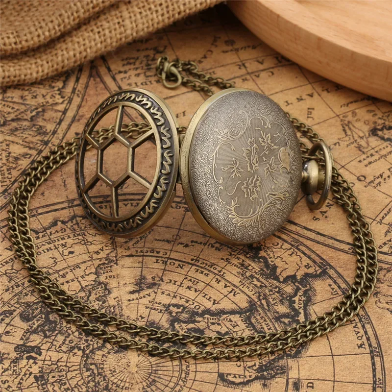 Antique Pocket Watch Half Hunter Retro Hollow Hexagon Grilles Men Women Quartz Analog Clock Sweater Chain Relogio De Bolso