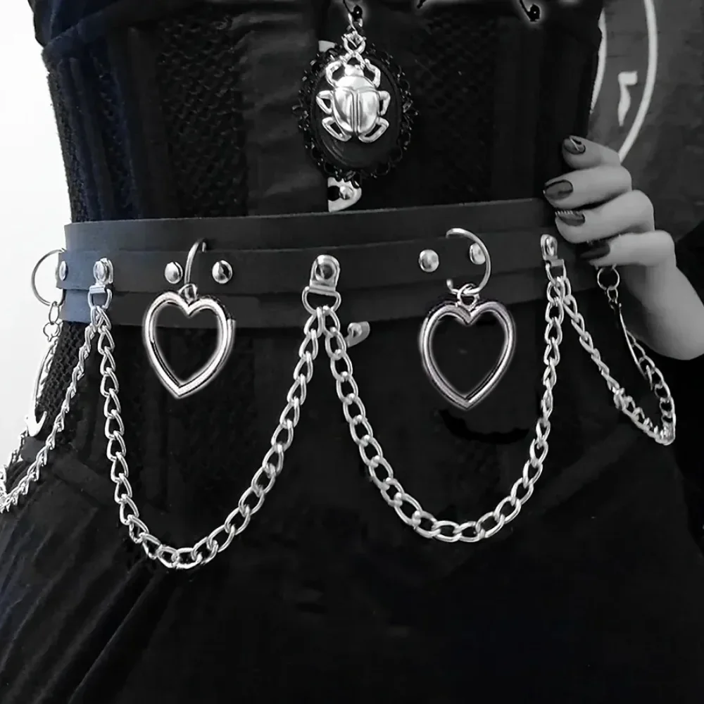 Witches vegan leather statement belt Moon Heart Circle chain belt goth rock Vintage Waistband For Women Girls