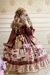 Lolita Autumn Winter Bobo Bear Teddy Retro Color Matching Warm Long-sleeved  Peter Pan Collar High Waist Victorian Dress Cos