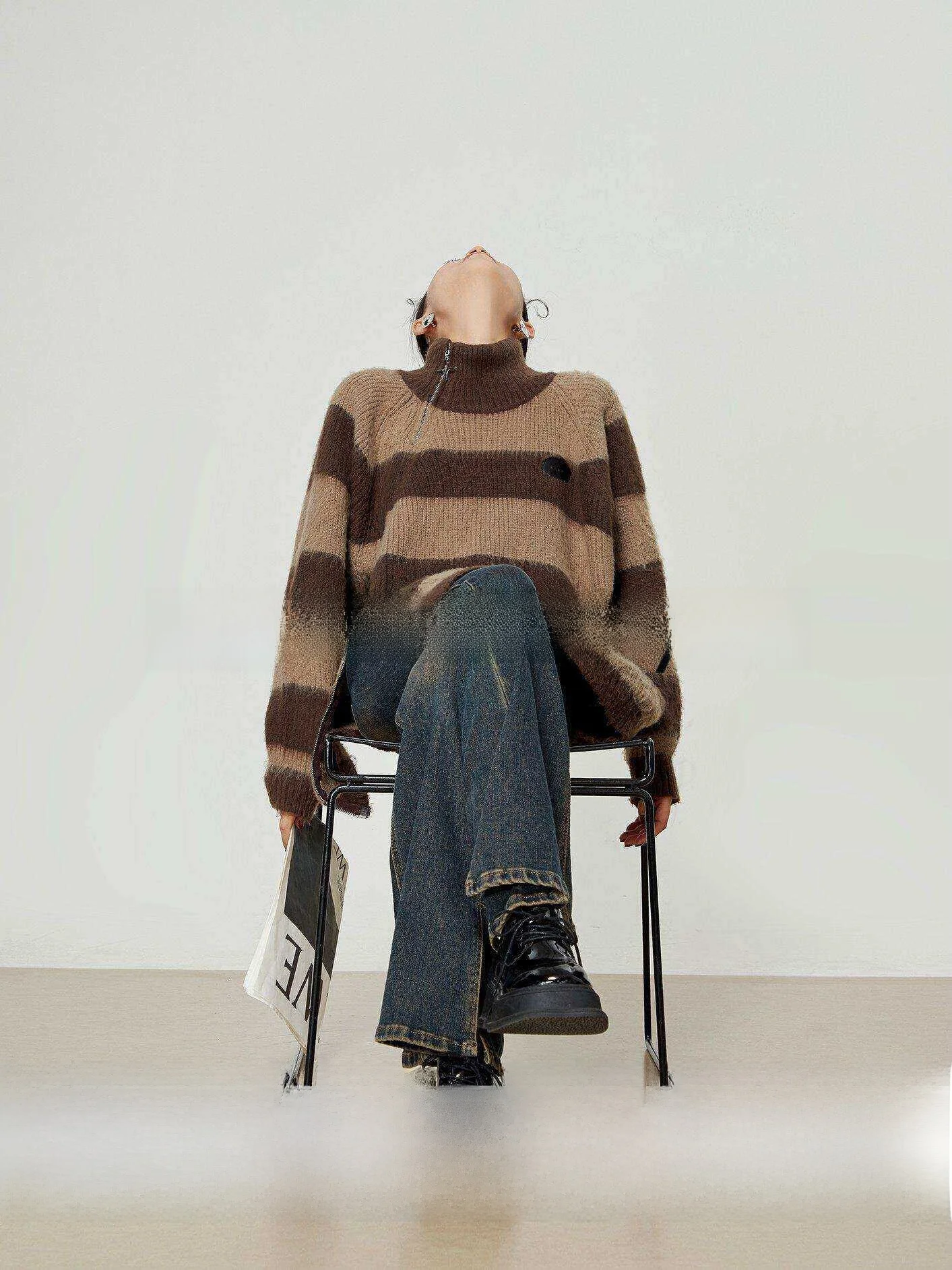 

Soft Cozy High Collar Loose Women's Knitted Sweater Spring 2024 New Arrival Khaki Color Slimming Open Cardigan Top