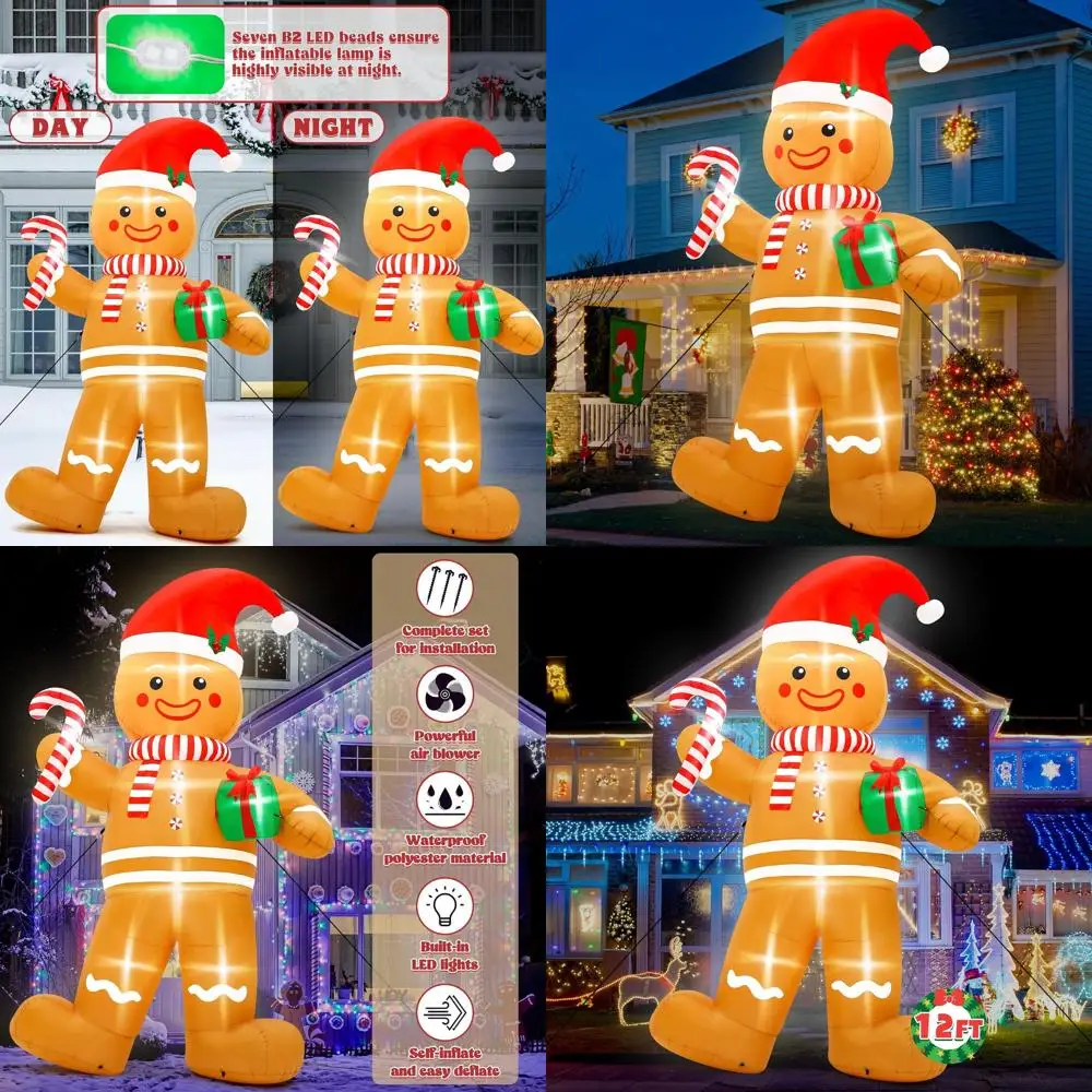 

Jumbo Lighted Christmas Gingerbread Man with Hat & Candy Cane, Inflatable Lawn Decor