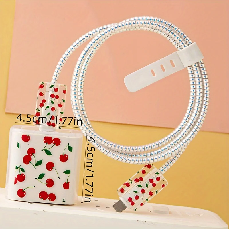 Cute Cherry Pattern Charger Protector Case Cover For iPhone 20W 18W USB Adapter Charger Cable Management Cord Winder Accessories