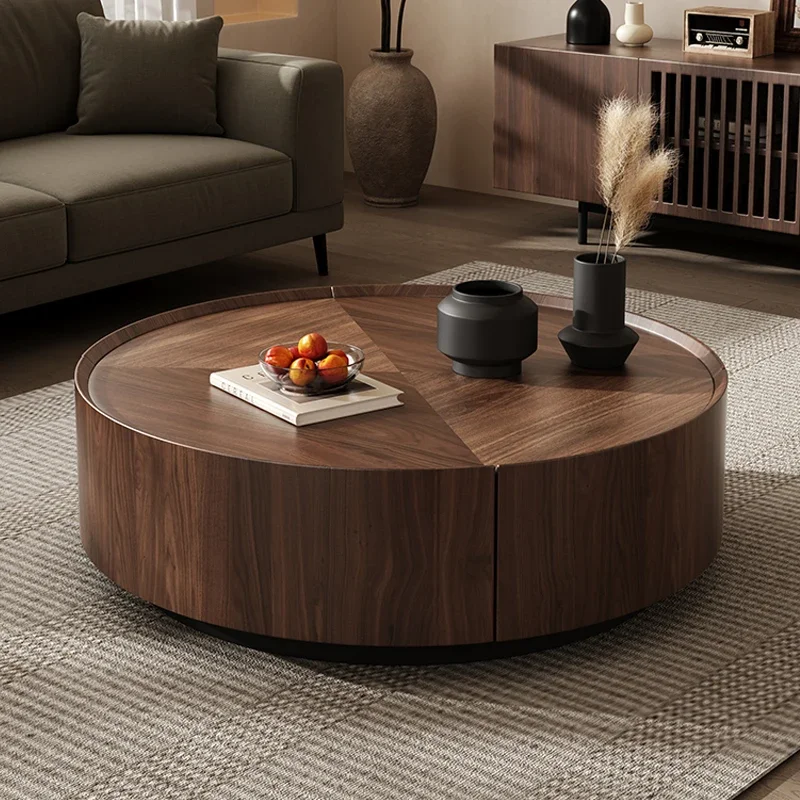 Modern Walnut Bark Wood Frame Metal Base Round Coffee Table Modern Simple Living Room Storage Coffee Table