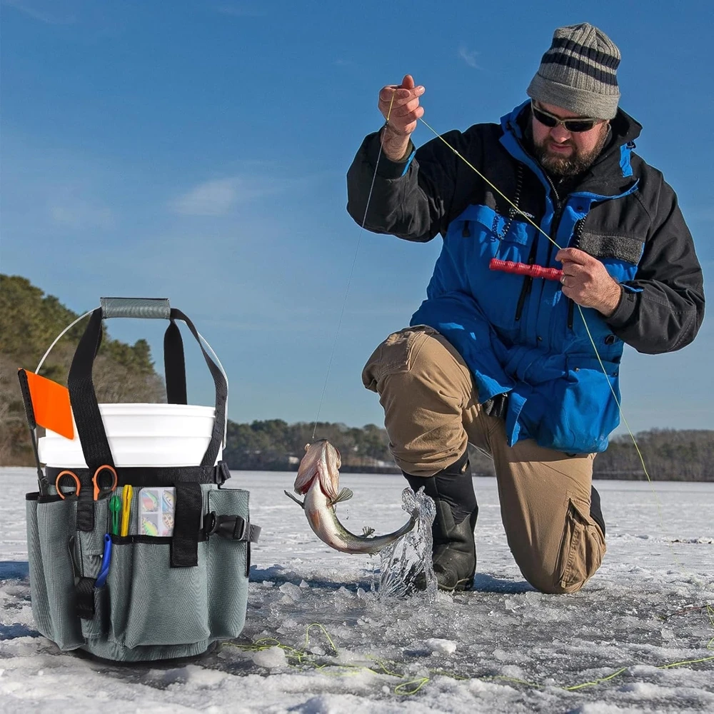 Ice Fishing Bucket Tool Organizer Tackle Bag Multi-Pocket Rod & Pliers Holder Holder For 5 Gallon Bucket Fishing Tool Storage