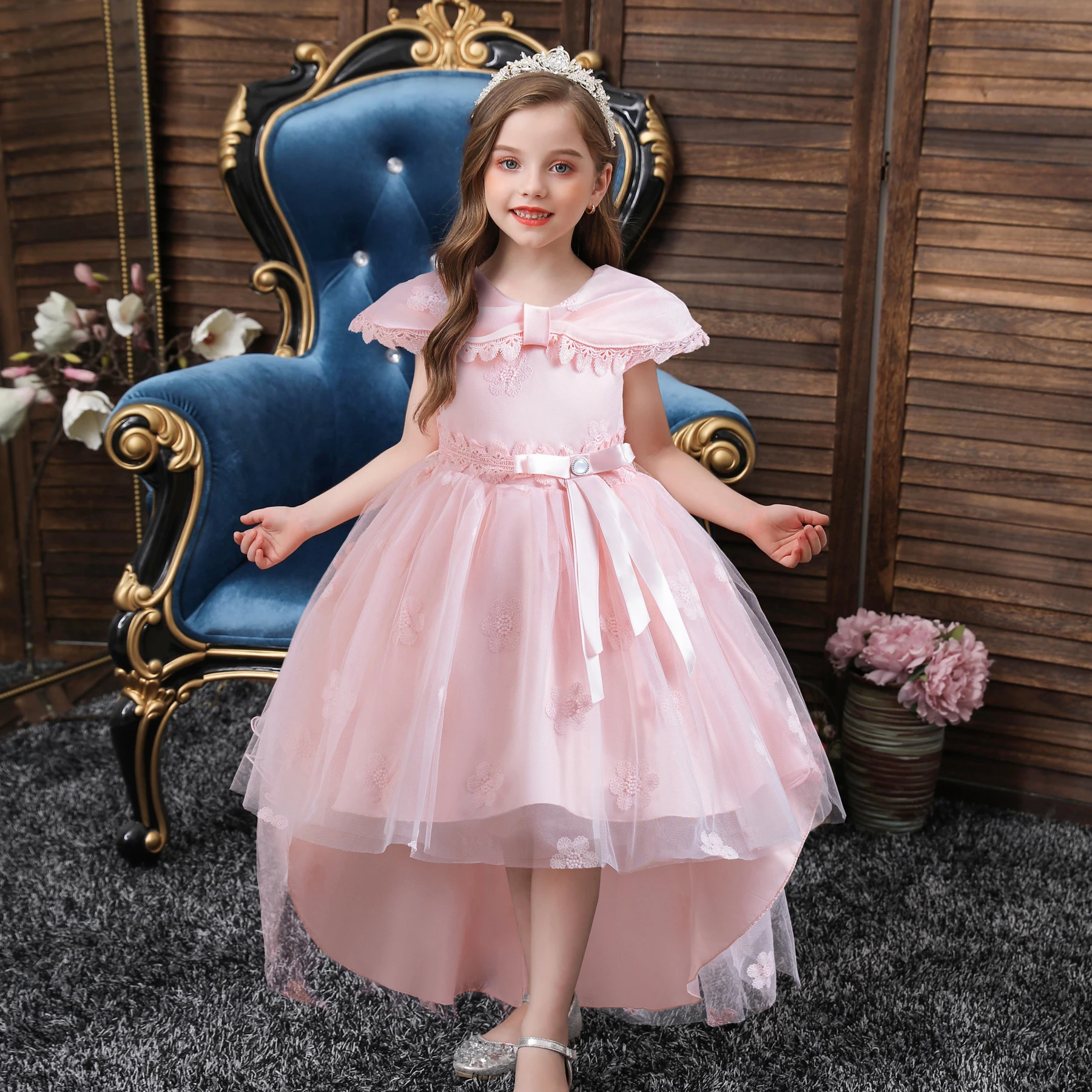 929 Cute pink doll collar girl trailing princess dress suitable for Children's Day performance Wear