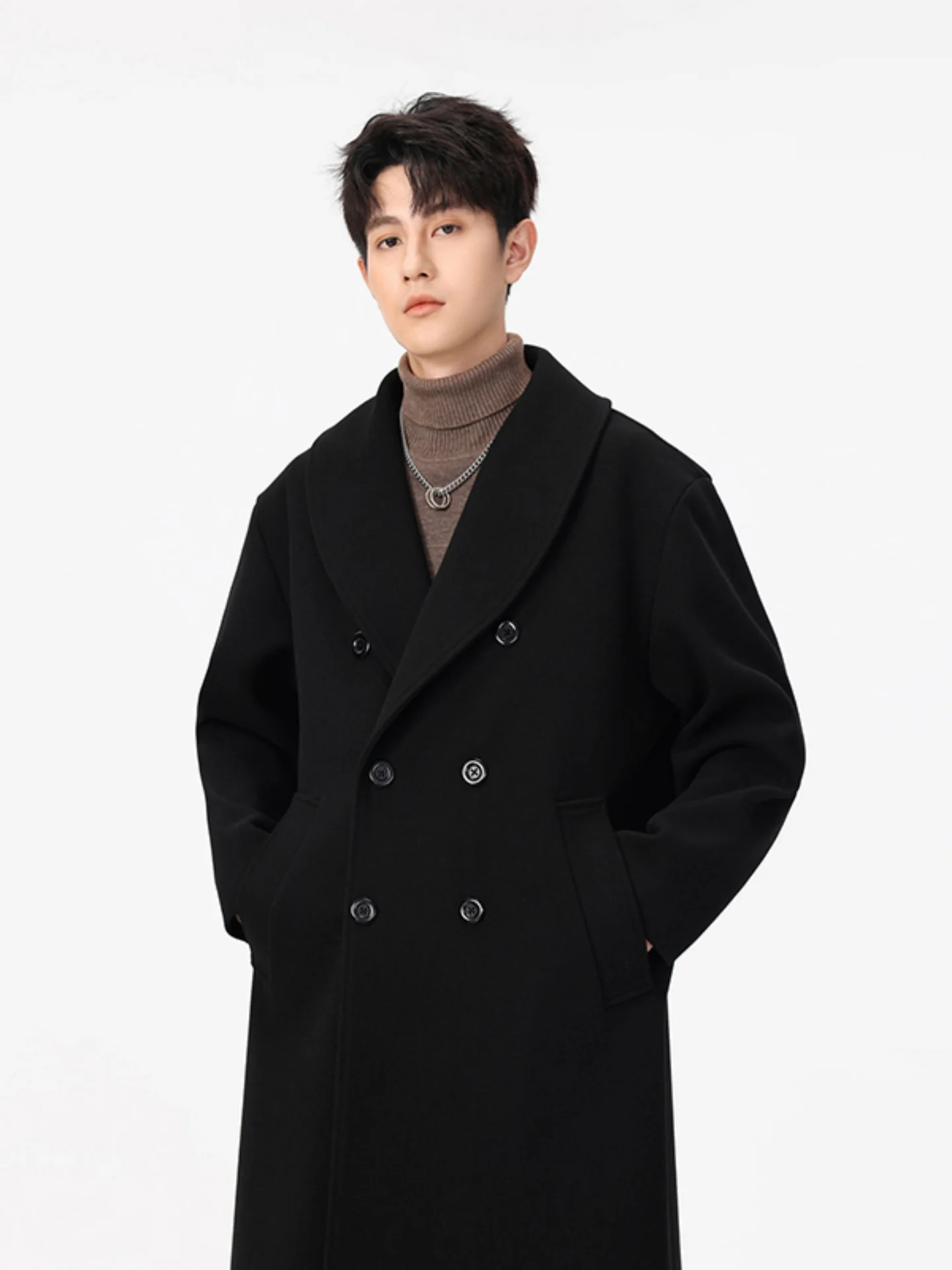 

Double-Button Men's Woolen Coat Mid-Length Briti Sle Windbreaker Autumn High-End Feeling Long Over-Knee Suit Outerwear