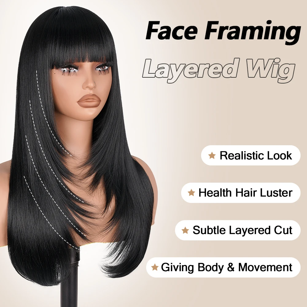 Straight Lace Wigs with Bangs Layered Cut Wigs HD Lace Fake Easy to Go Synthetic Butterfly Haircut Glueless Wigs For Black Women