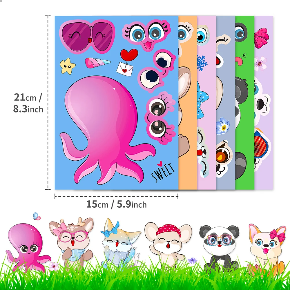 6/12Sheets Children DIY Animals Puzzle Sticker Game Make a Face Cartoon Assemble Jigsaw Kids Educational Toy For Boys Girls Gift