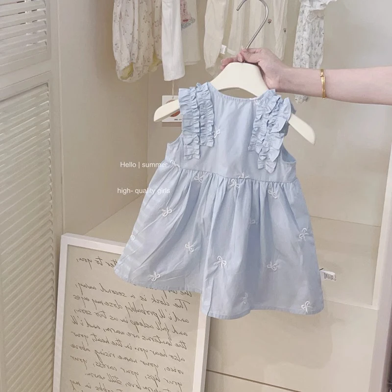 Kids Girls Summer Blue Dress Ruched O-neck Sleeveless A-line Soft Vestidos 2-8Y Children Embroidery Bows Princess Dresses