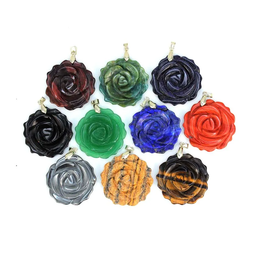 35mm Natural Crystal Carved Rose Flower Stone Pendant Amethyst Quartz Agate Lapis Lazuli Jewelry Charm Chain Necklace For Women