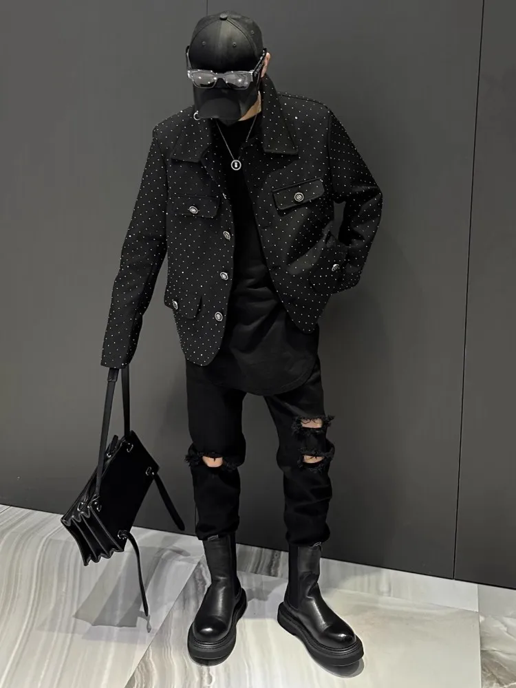 Spring Mens Personality Diamonds Vintage Casual Jacket Long Sleeve Lapel Loose Fit Outerwear High Street Gothic Short Coat Male