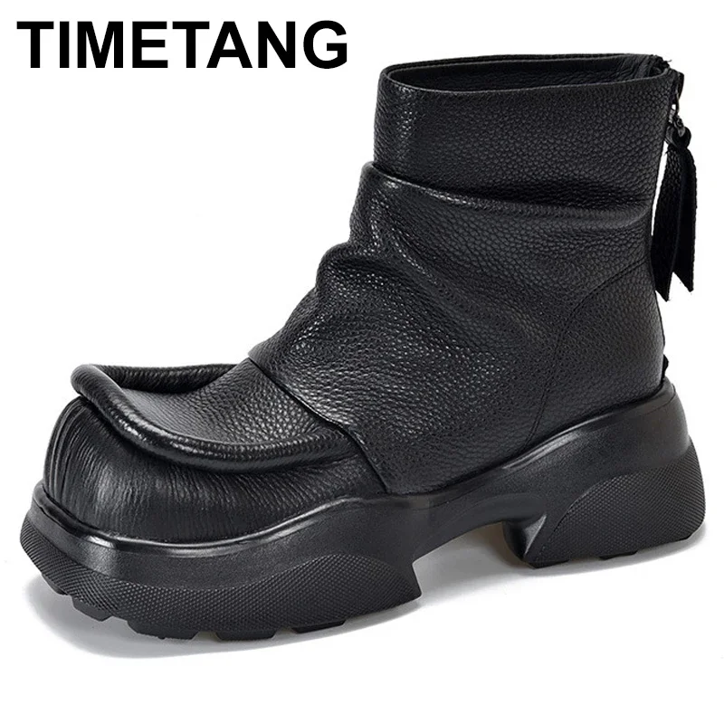 

Genuine Leather Thick Heeled Thick Soled Short Boots Women 2024 Winter New Round Toe Retro Platform Shoes Ankle Boots