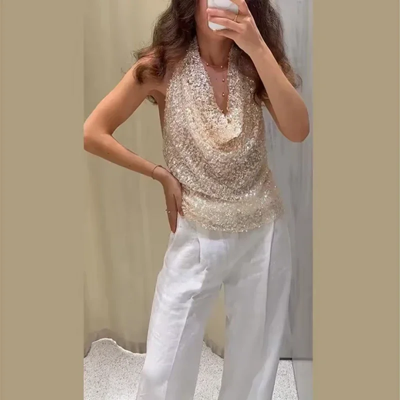 Women's Tops Summer New Chic Sequins Hanging Neck Elegant Party Tops Women's Fashion Joker Street Youth Travel Holiday Tops