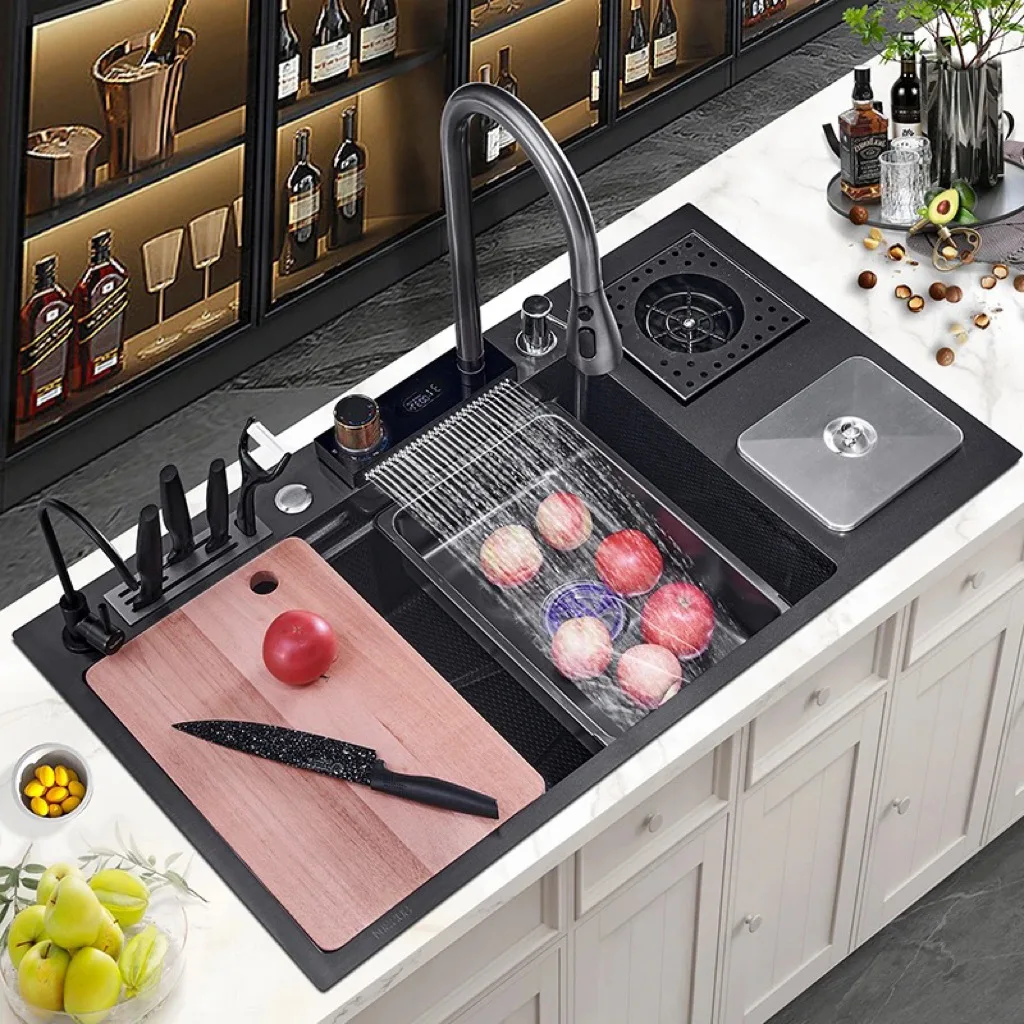 Rainfly Super Large Stainless Steel Kitchen Sink with Thick Waterfall Faucet Integrated Design Full Range Sizes Available