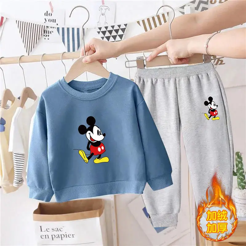 2023 New Mickey Girls Sets Plush Cartoon Kids Long Sleeve Sports Shirts + Pants Boy Suits Winter Children Clothing Teen Tops