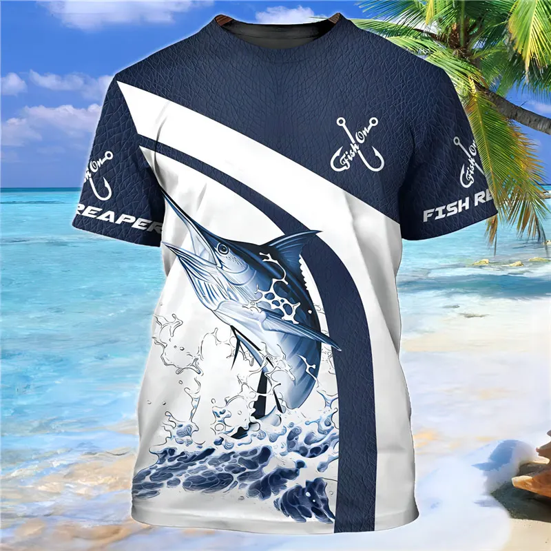 Camiseta 3d para hombre, ropa de pesca informal de peces marinos al aire libre, tendencia de moda, camiseta de manga corta de gran tamaño, camiseta