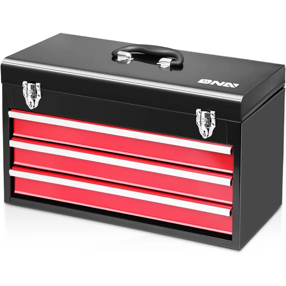 Tragbarer 20-Zoll-Werkzeugkasten aus Stahl mit 3 Schubladen und oberem Stauraum, abschließbaren Riegeln für den Heim- und Werkstattgebrauch