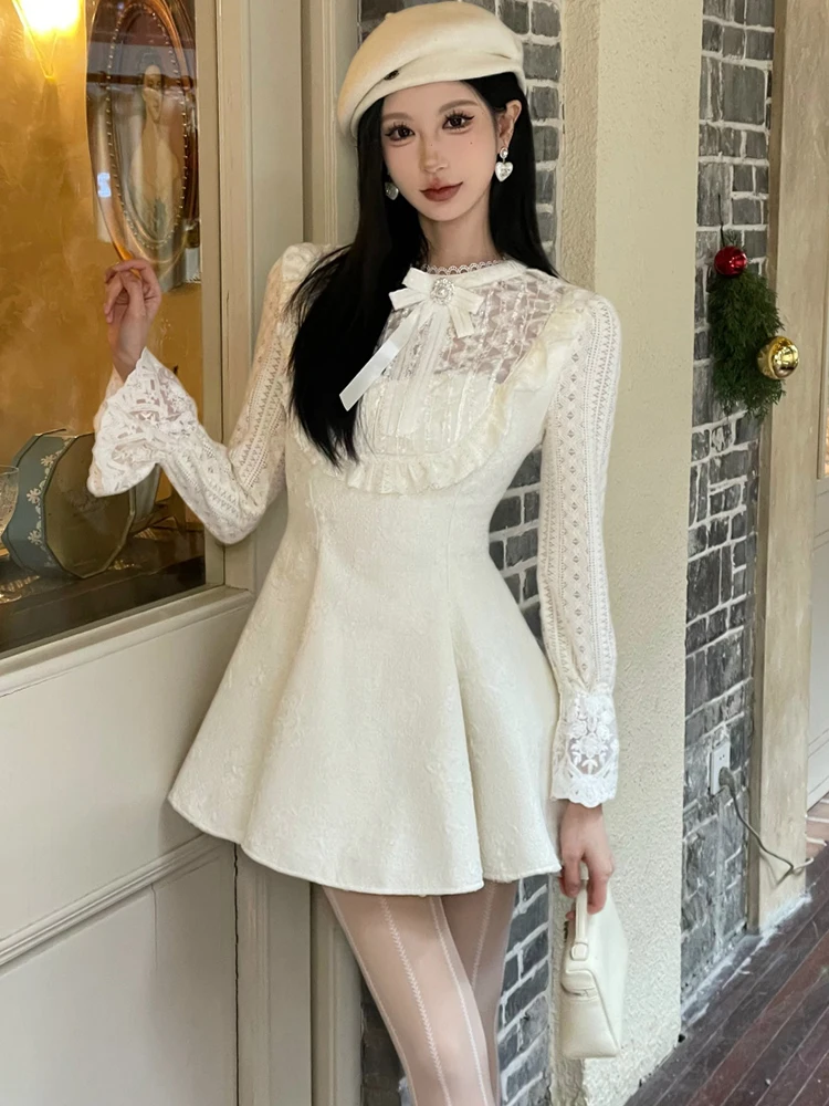 Herfst Winter Witte Jacquard Patchwork Kant Lange Mouw Jurk Vrouwen Koreaanse Chic Boog Kraag Jurk 2025, Elegante Chic Kawaii Jurk